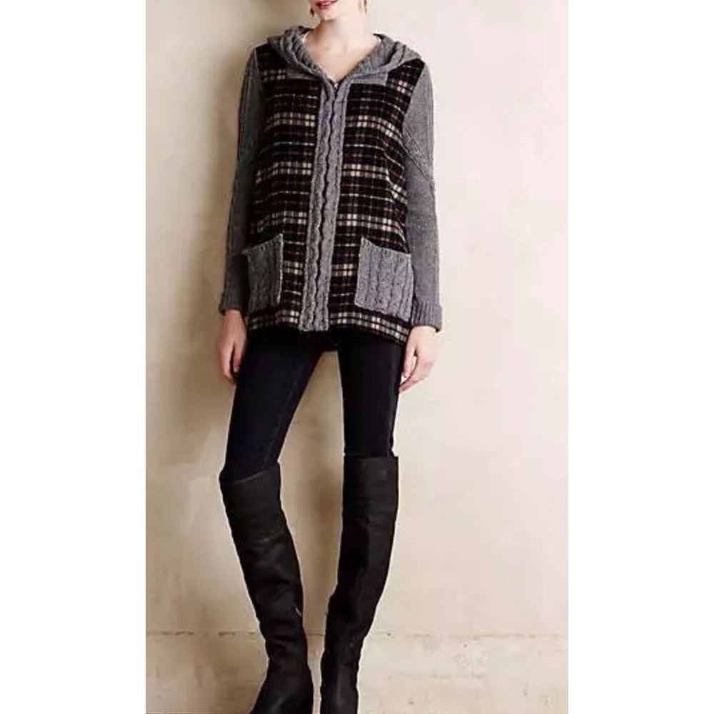 Anthropologie Moth Derry Cable Knit Plaid Sweater Women's M Wool Blend Cozy